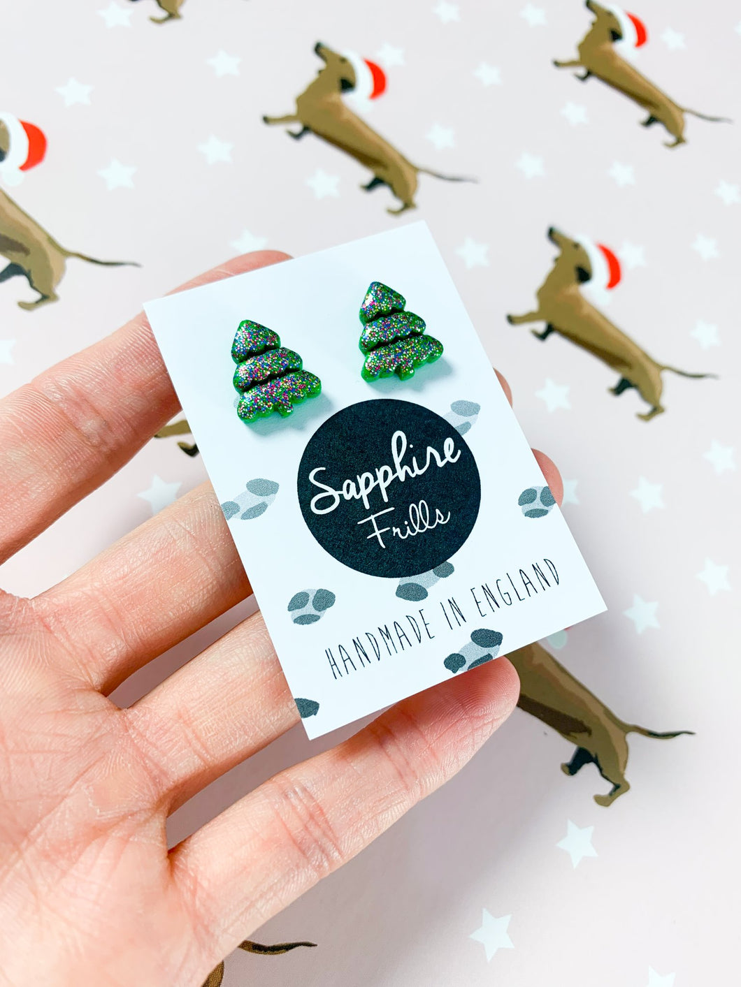 Christmas Earrings ~ Mini Green Rainbow Glitter Christmas Tree Studs ~By Sapphire Frills